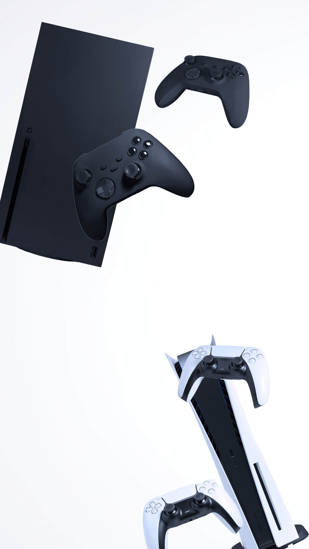 Xbox Controllers and PS5 controllers on a white background